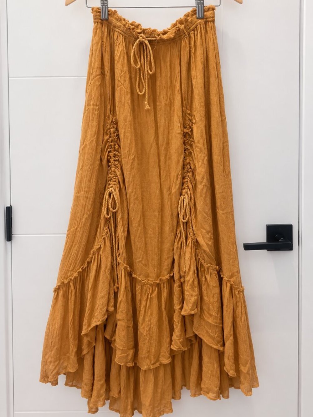 Free People Mustard Ruched Drawstring Ruffle Maxi Skirt – S